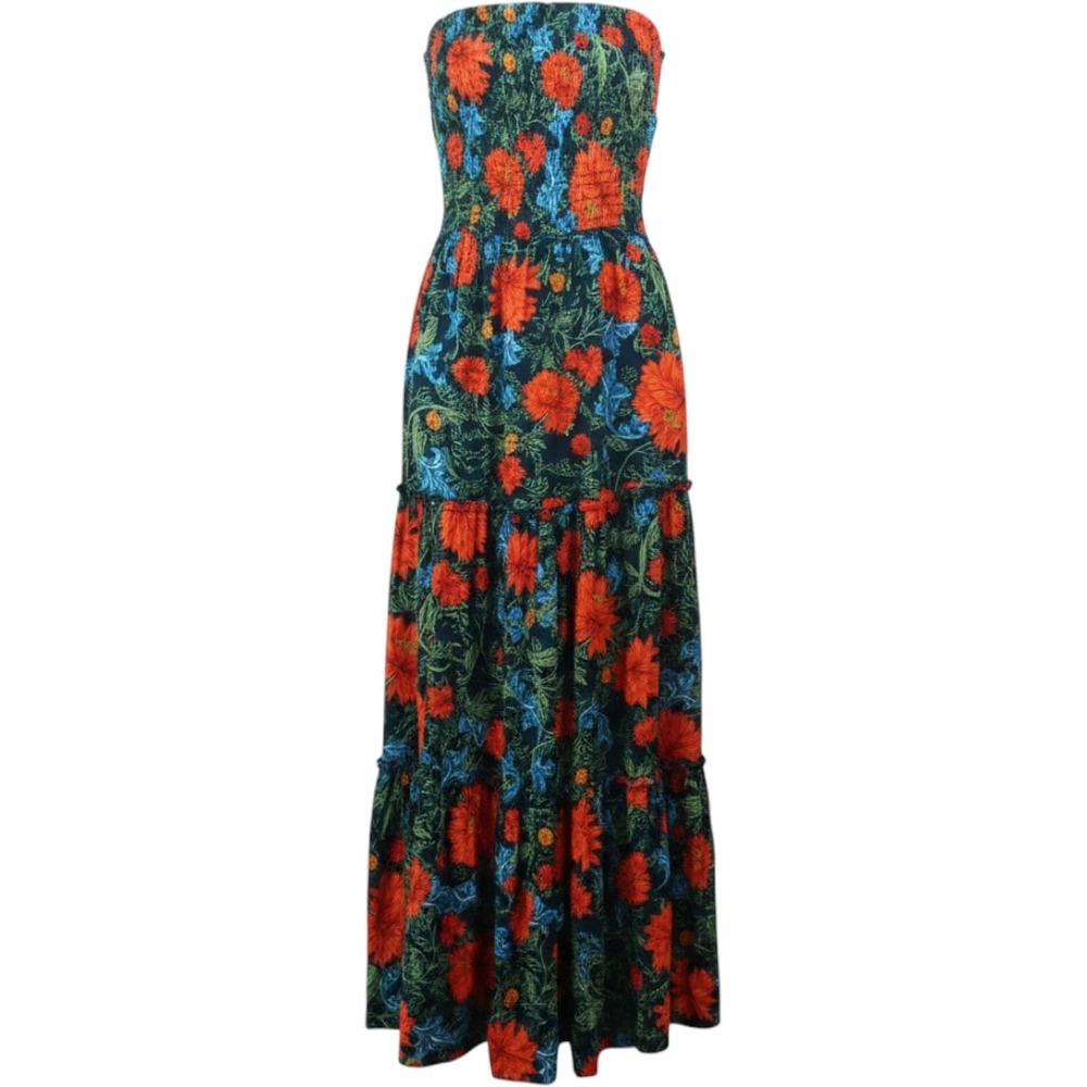 Abel The Label Strapless Floral Smocked Maxi Dress Orange Blue Green XS